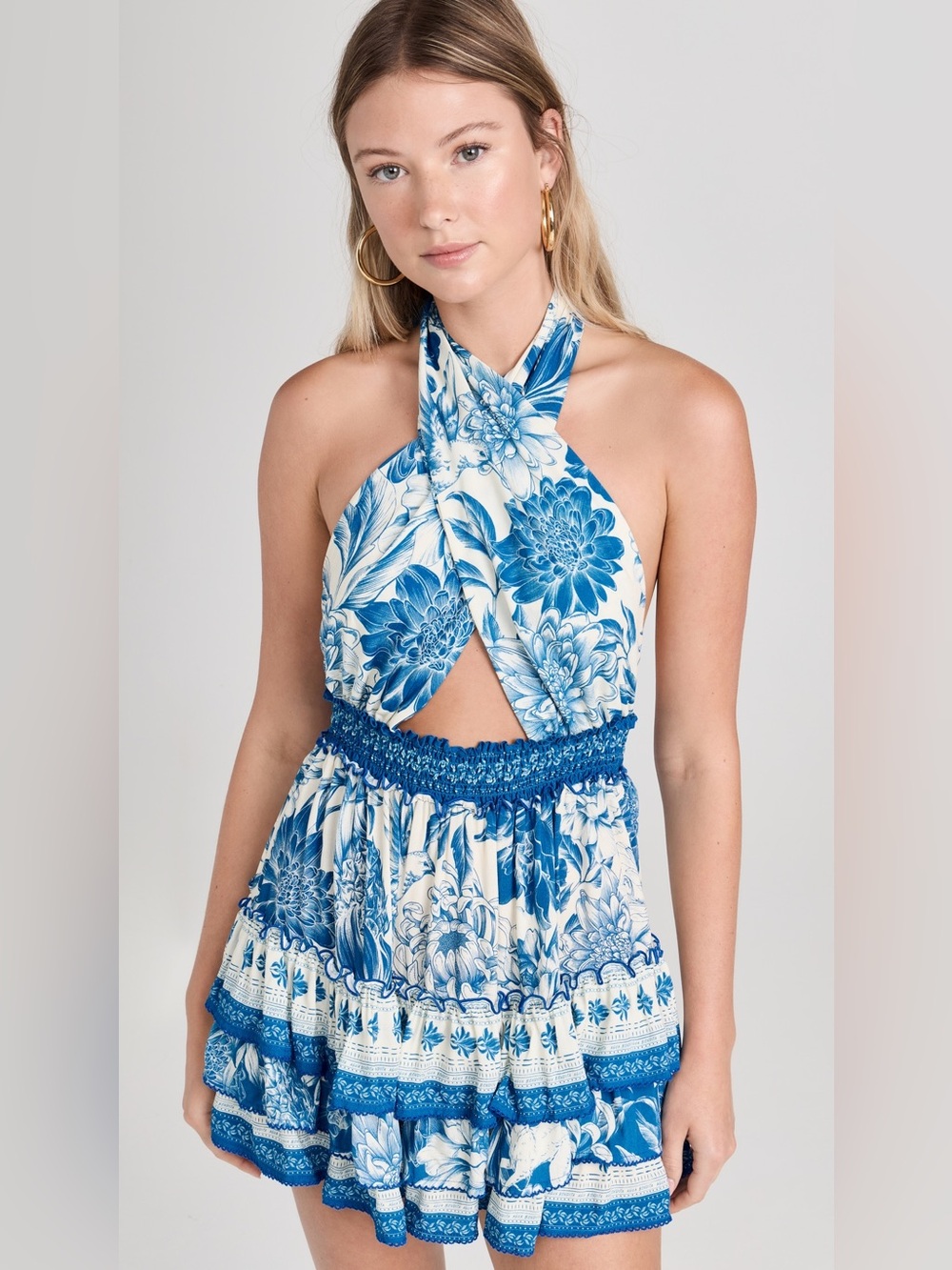 Agua Bendita Blue and White One-Shoulder Floral Dress